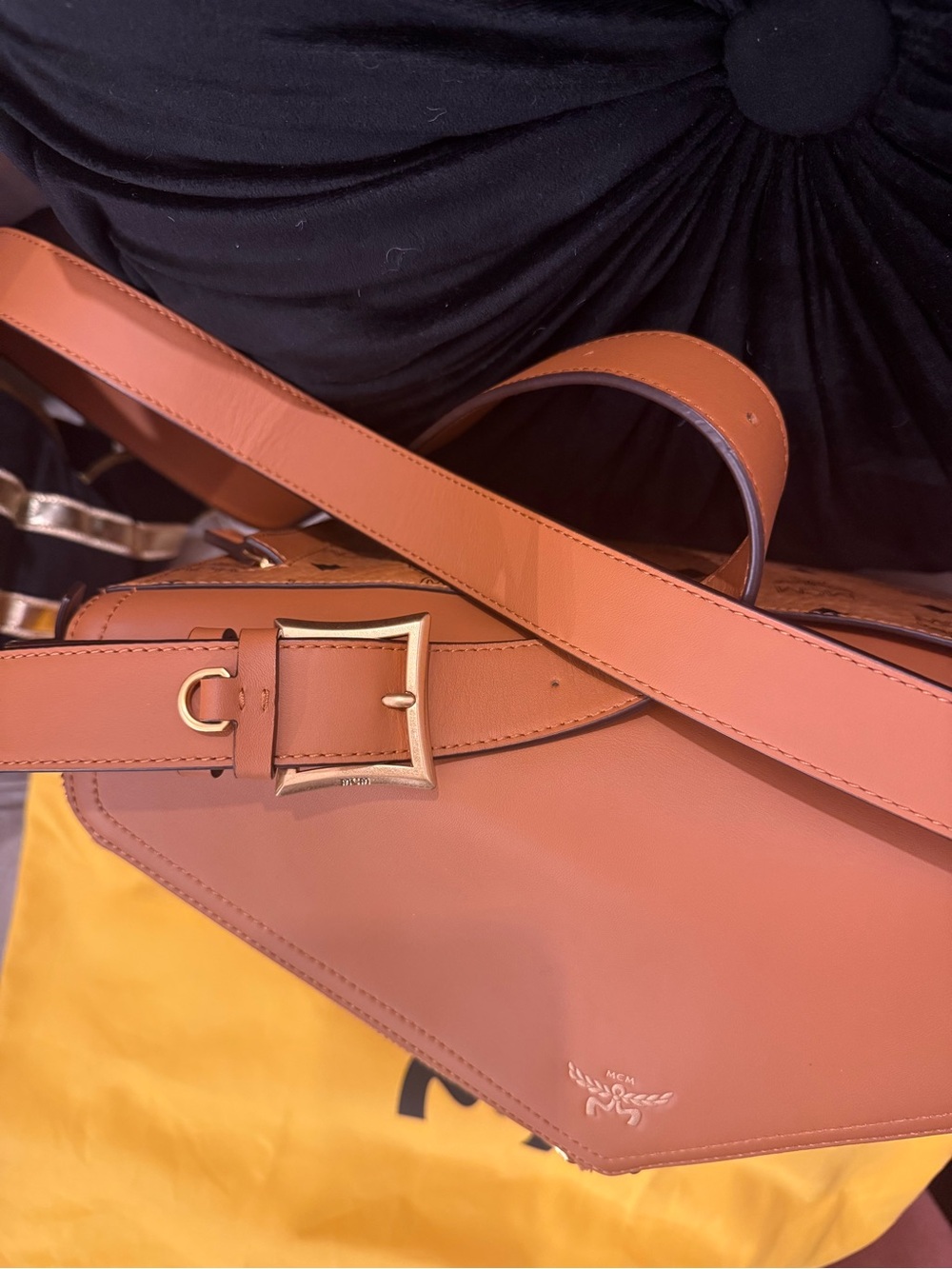 MCM Mustard Yellow Suede Interior with Embossed Leather Patch - Picture 10 of 16